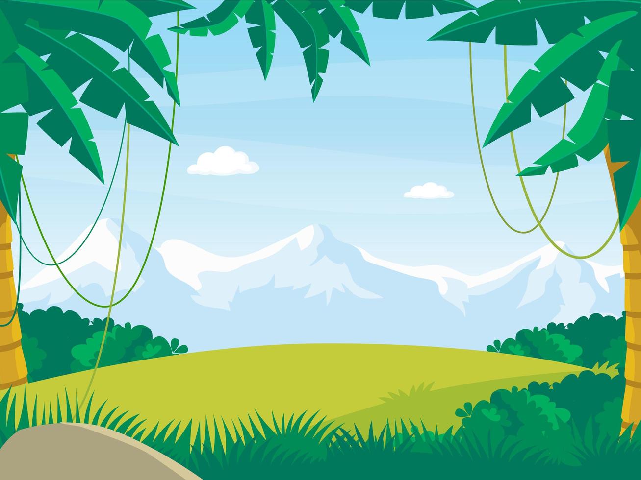 paesaggio della giungla dei cartoni animati su sfondo di montagne innevate vettore