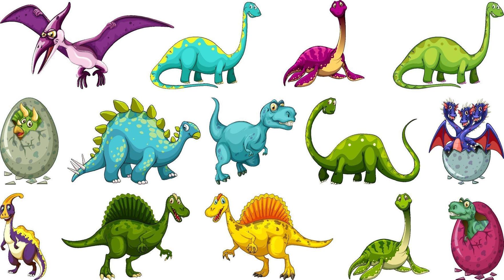 set di diversi personaggi dei cartoni animati di dinosauro isolati su sfondo bianco vettore