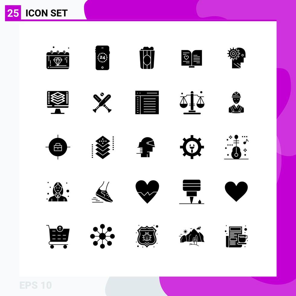 mobile interfaccia solido glifo impostato di 25 pittogrammi di cervello nozze cinema cuore libro modificabile vettore design elementi