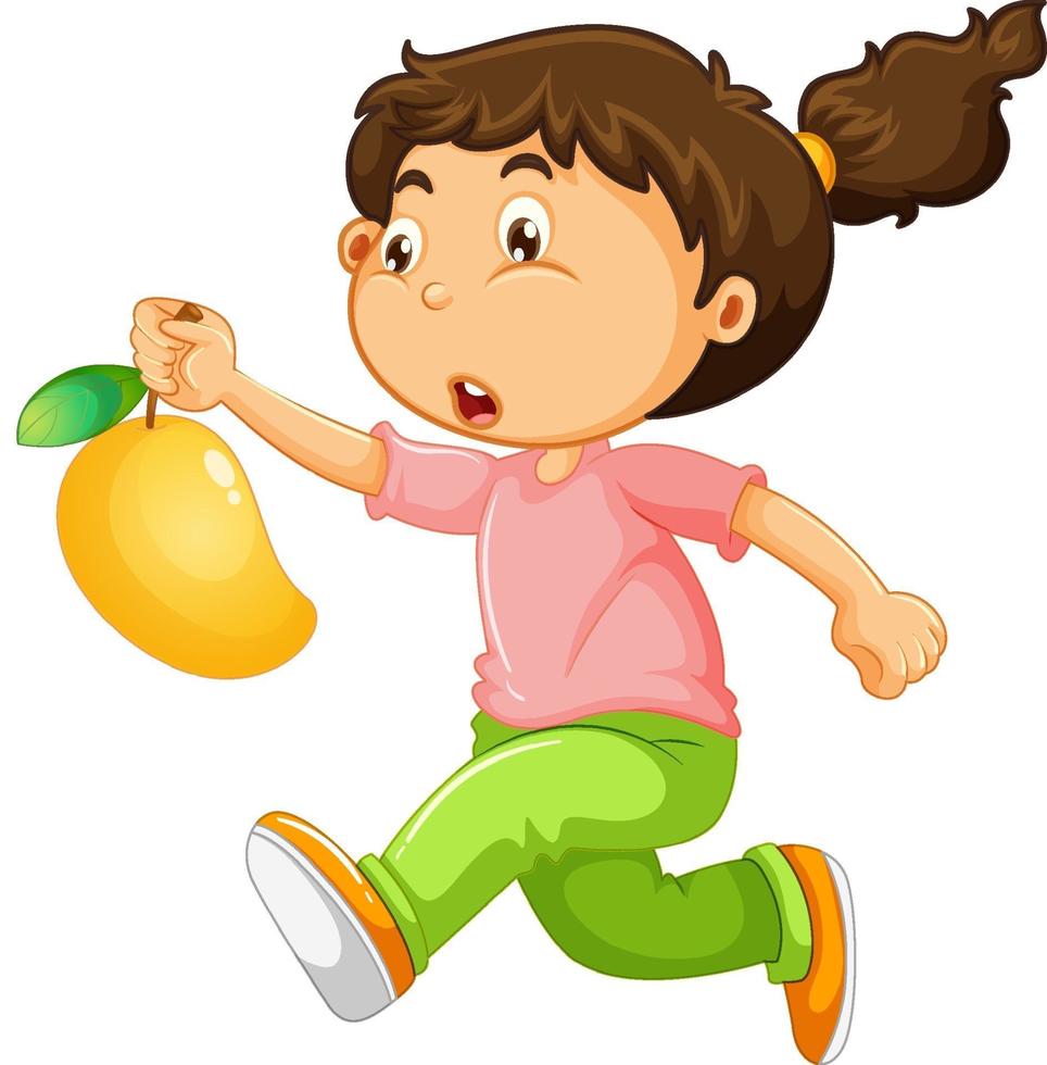 un ragazzo che tiene il personaggio dei cartoni animati di mango frutta isolato su sfondo bianco vettore