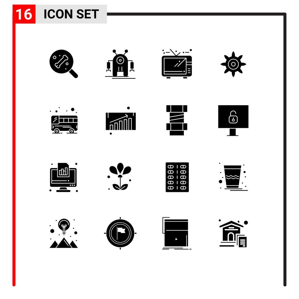 moderno impostato di 16 solido glifi pittogramma di i saldi attività commerciale crescita televisione trasporto autobus modificabile vettore design elementi