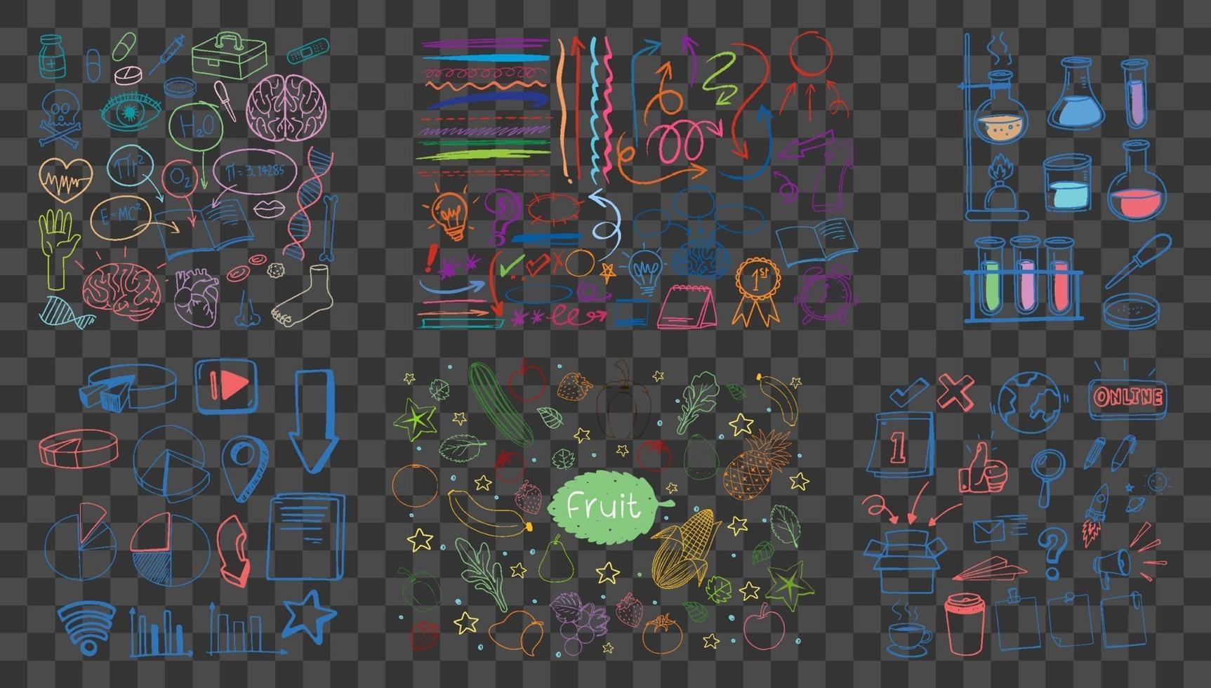 set di oggetti colorati e simboli disegnati a mano doodle su sfondo trasparente vettore