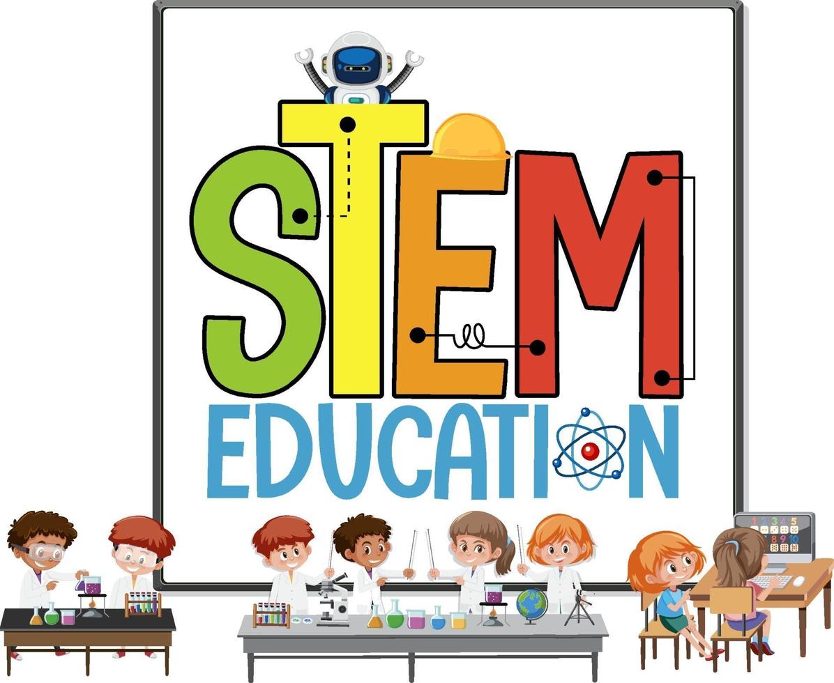 logo di educazione dello stelo con bambini che indossano il costume da scienziato isolato vettore