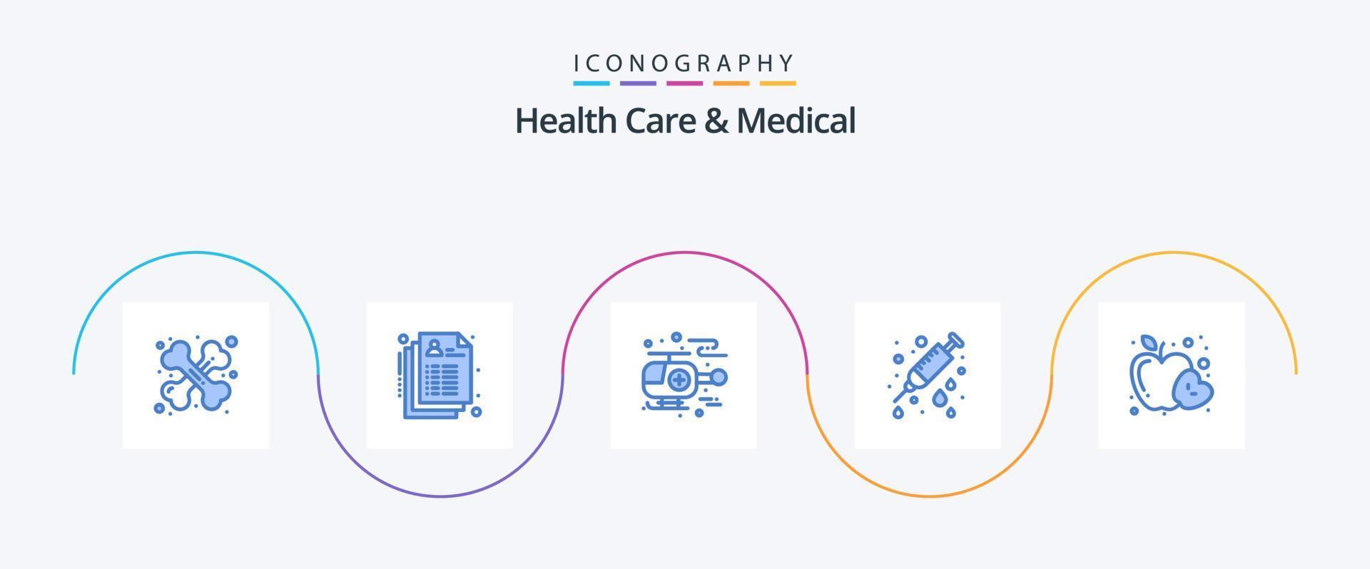 Salute cura e medico blu 5 icona imballare Compreso frutta. Mela. ambulanza. ago. Salute vettore