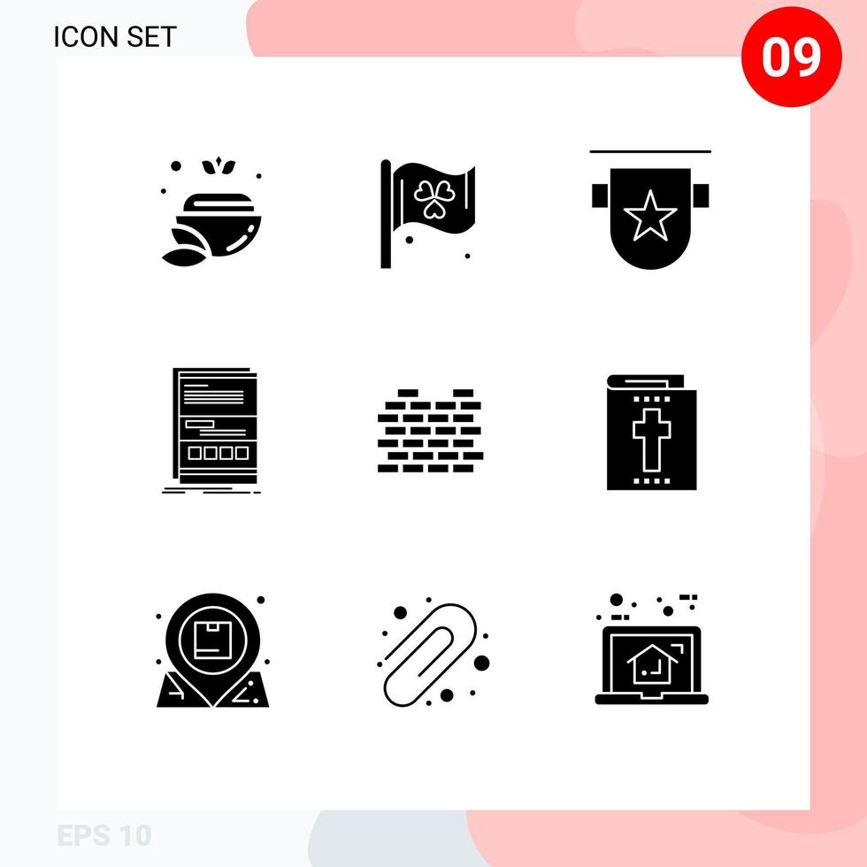 mobile interfaccia solido glifo impostato di 9 pittogrammi di costruzione pagina badge Internet del browser modificabile vettore design elementi
