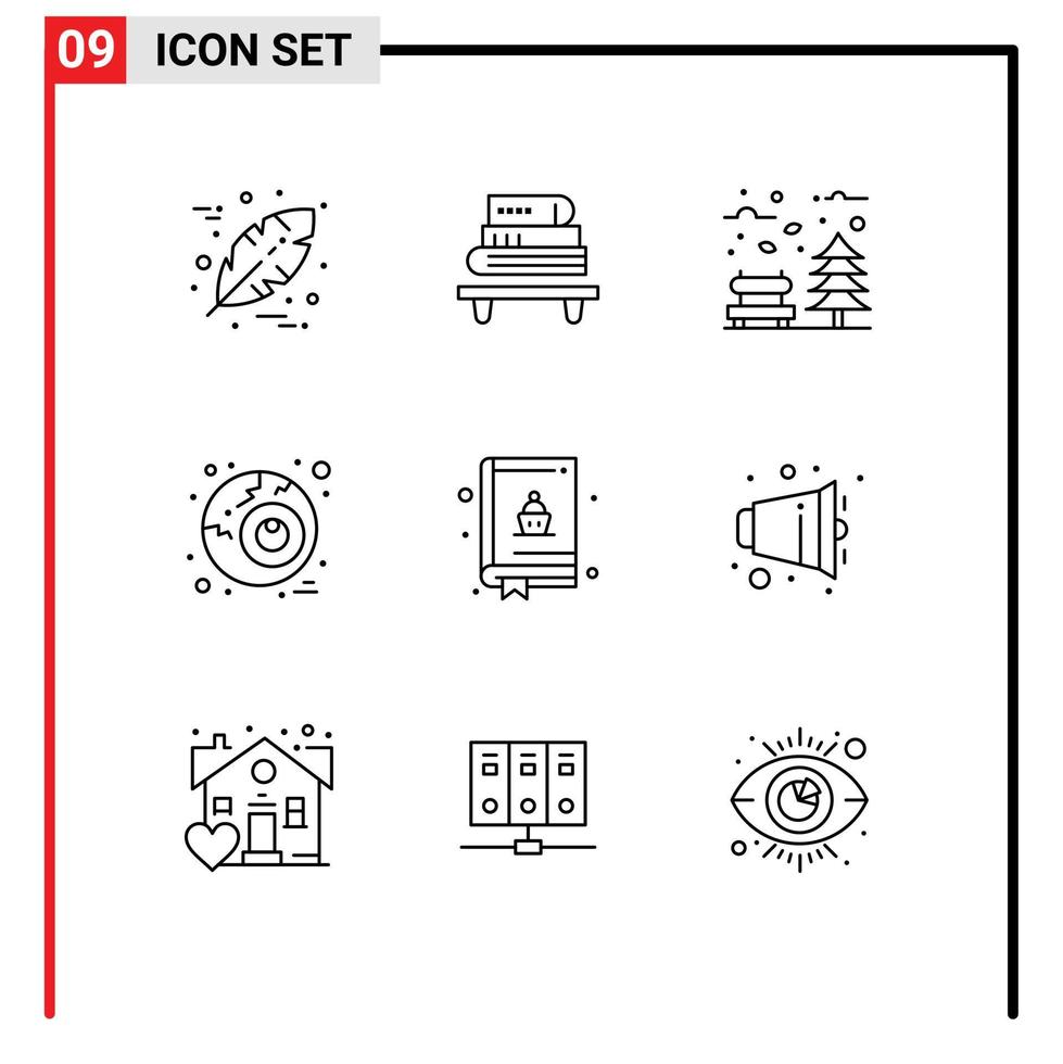 azione vettore icona imballare di 9 linea segni e simboli per libro cottura al forno le foglie orrore occhio modificabile vettore design elementi