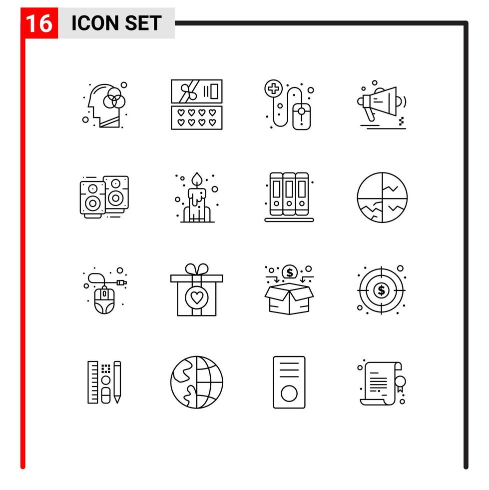universale icona simboli gruppo di 16 moderno lineamenti di nozze amore nozze farmaceutico altoparlante megafono modificabile vettore design elementi