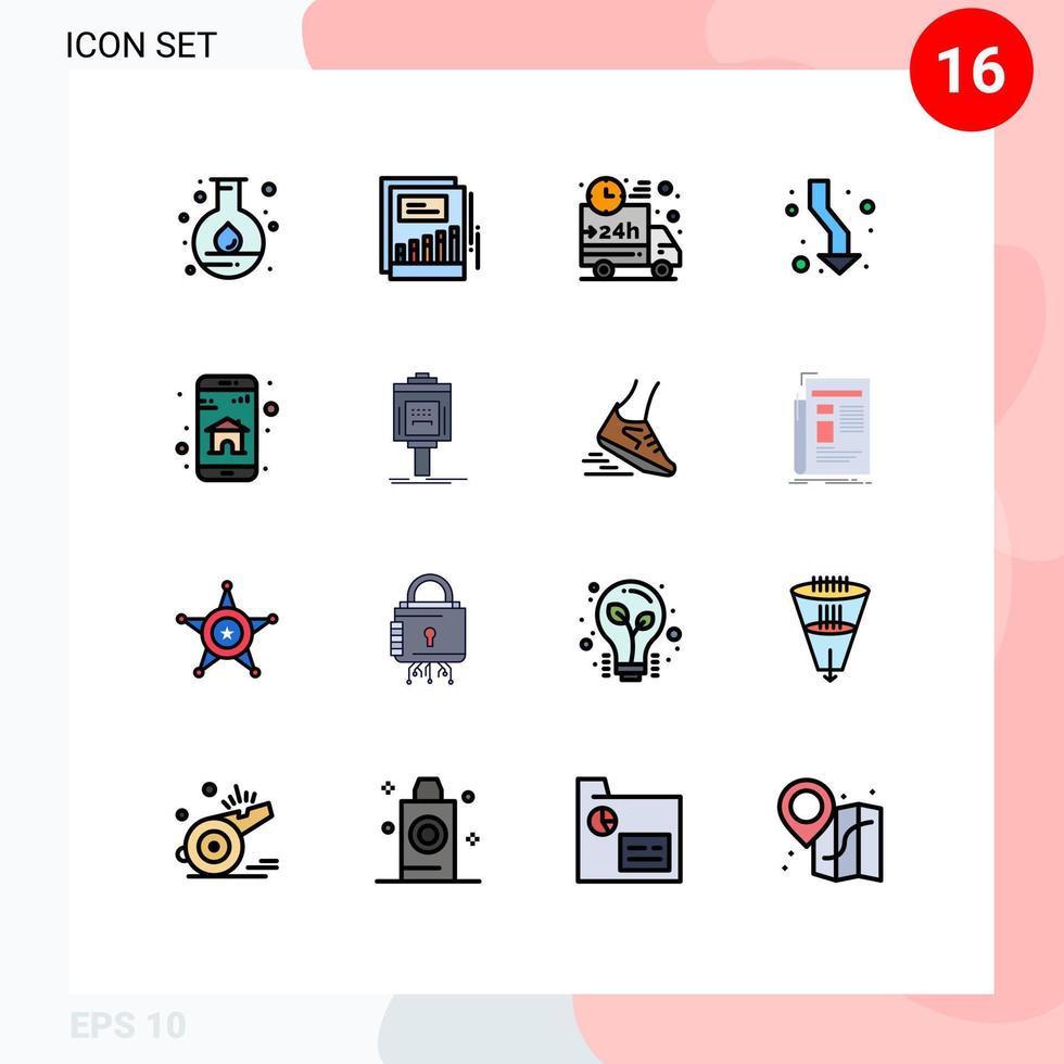 mobile interfaccia piatto colore pieno linea impostato di 16 pittogrammi di direzione frecce rapporto freccia spedizione modificabile creativo vettore design elementi