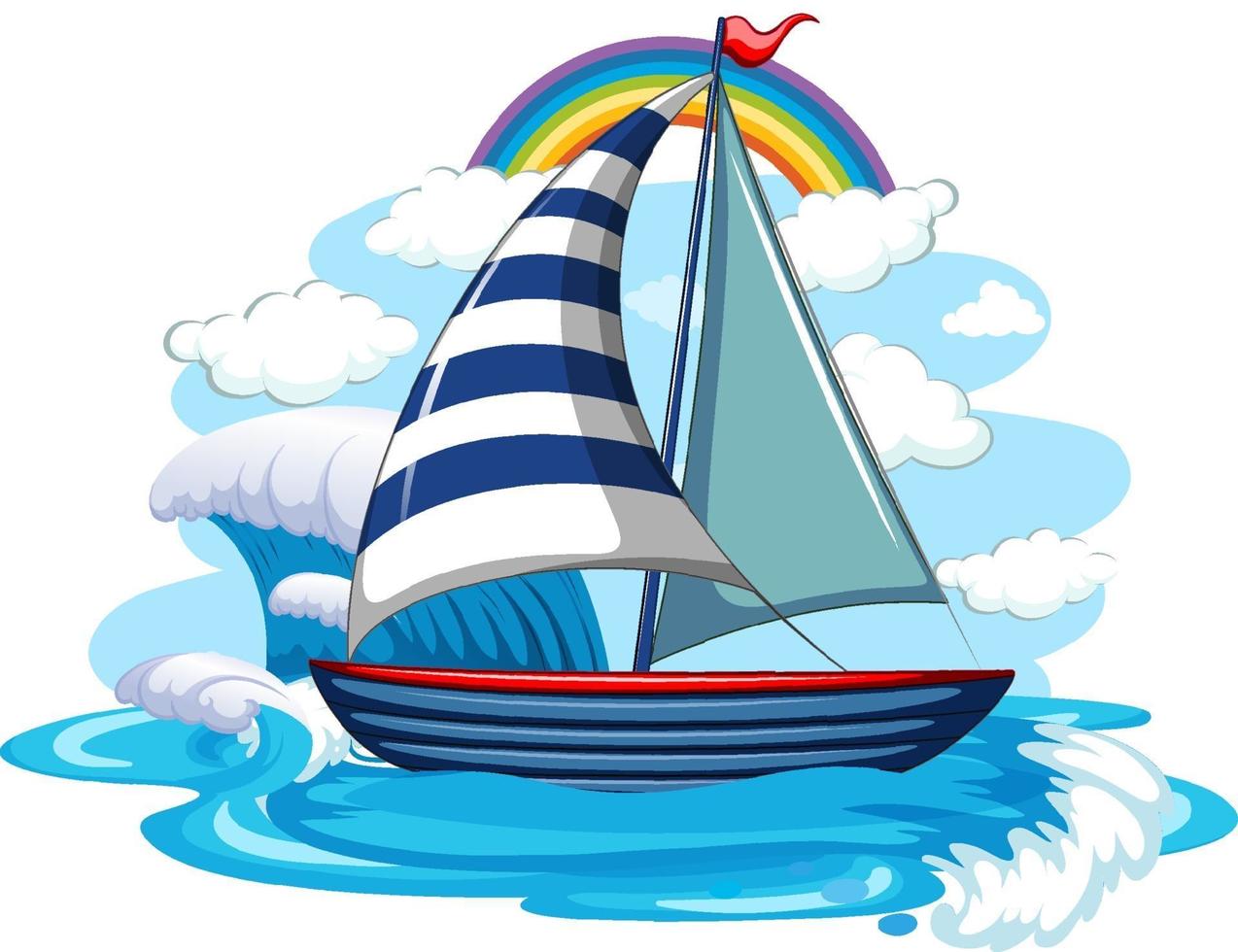 una barca a vela sulle onde d'acqua isolate su sfondo bianco vettore