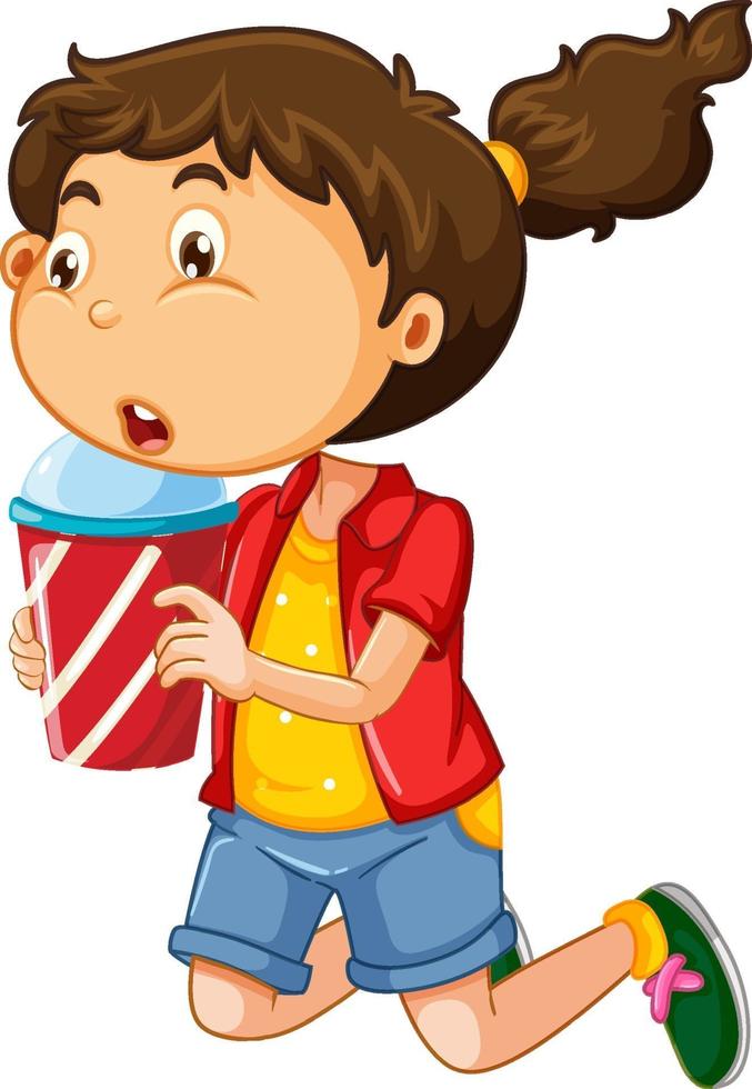 una ragazza carina che tiene il personaggio dei cartoni animati della tazza della bevanda isolata su fondo bianco vettore