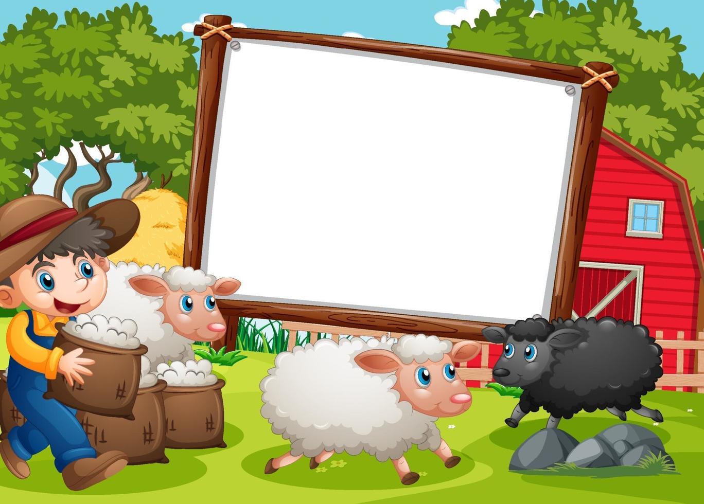 banner bianco nella scena della fattoria con un ragazzo e molte pecore vettore