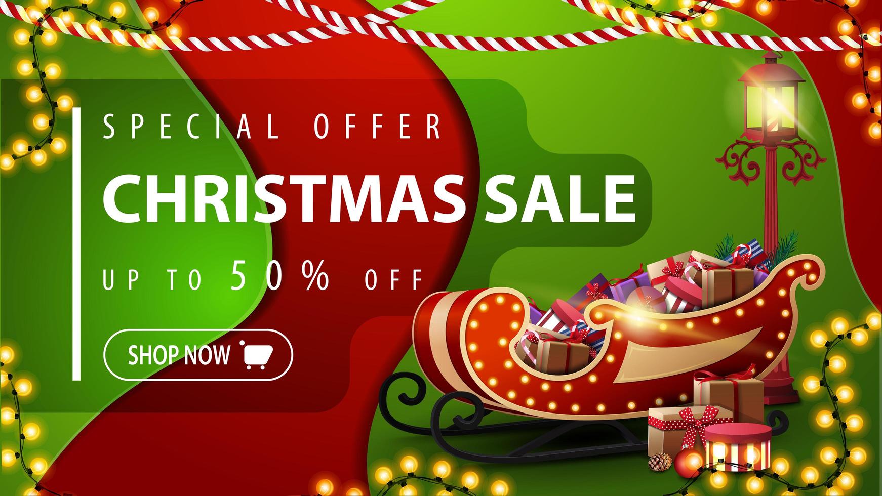 offerta speciale, saldi natalizi, sconti fino a 50, banner sconto rosso e verde in stile material design con ghirlande, lanterna a palo e slitta di Babbo Natale con regali vettore