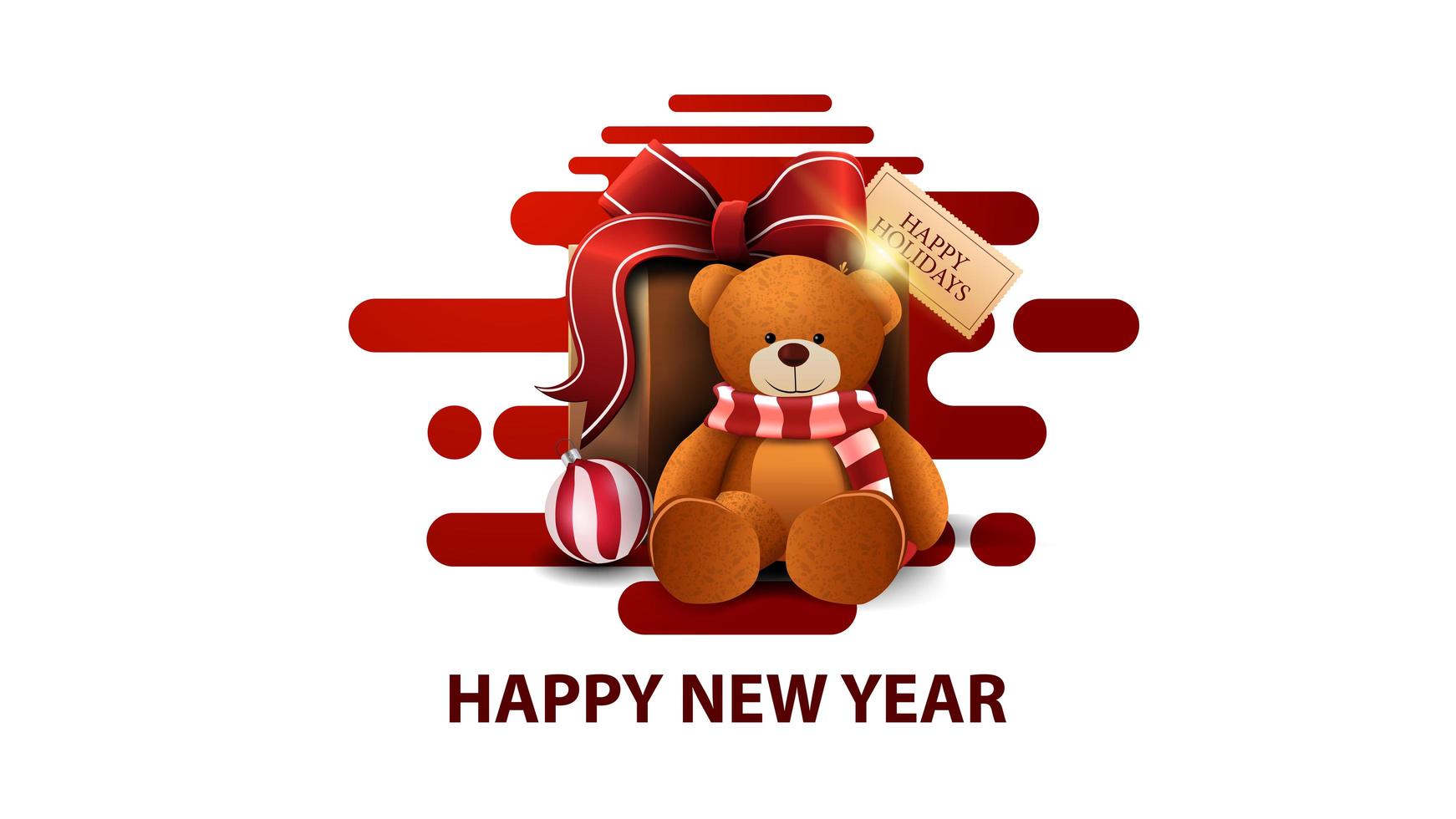 felice anno nuovo, cartolina moderna bianca con forme liquide astratte rosse e presente con orsacchiotto vettore