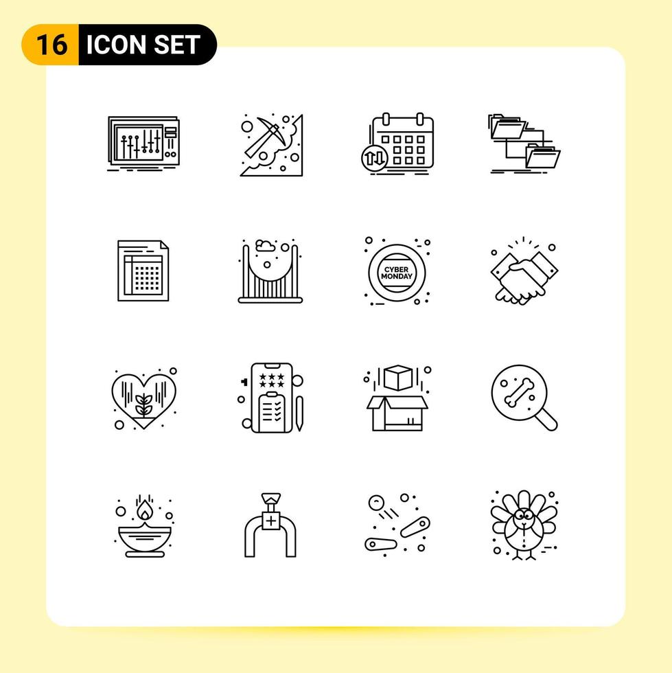mobile interfaccia schema impostato di 16 pittogrammi di gestione cartella raccogliere evento orario modificabile vettore design elementi