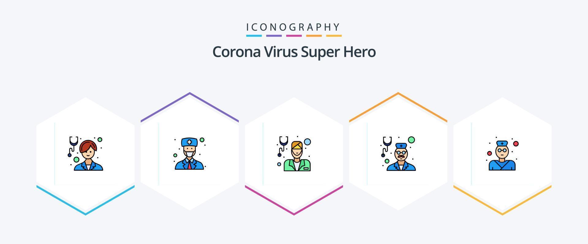 corona virus super eroe 25 riga piena icona imballare Compreso stetoscopio. medico. maschio avatar. Salute cura. maschio vettore