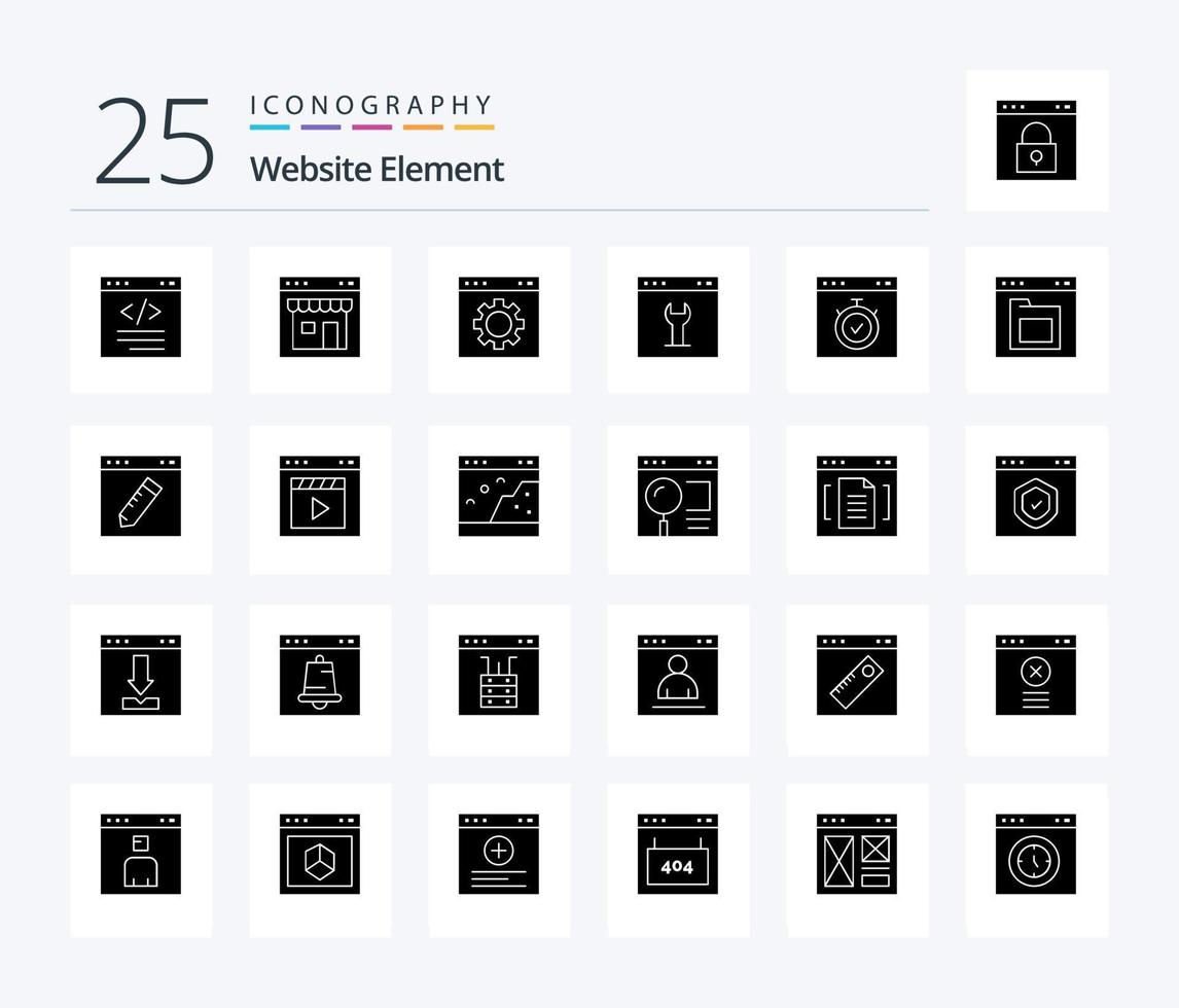sito web elemento 25 solido glifo icona imballare Compreso pagina. browser. pagina. ambientazione. interfaccia vettore