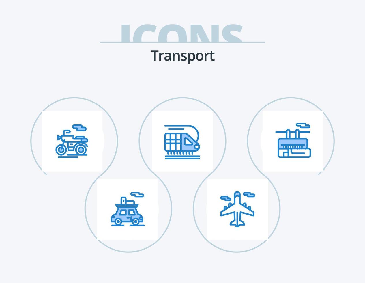 trasporto blu icona imballare 5 icona design. viaggio. tramvia. il motore. sedia sollevare. trasporto vettore