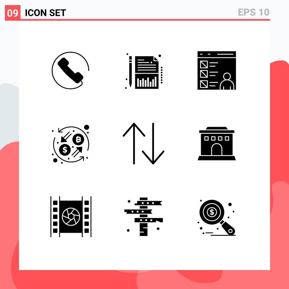 9 solido glifo concetto per siti web mobile e applicazioni modificare trasformazione del browser scambio moneta modificabile vettore design elementi