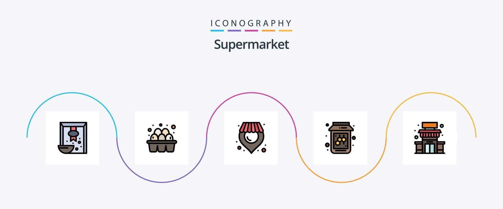 supermercato linea pieno piatto 5 icona imballare Compreso supermercato. negozio. Posizione. costruzione. frutta vettore