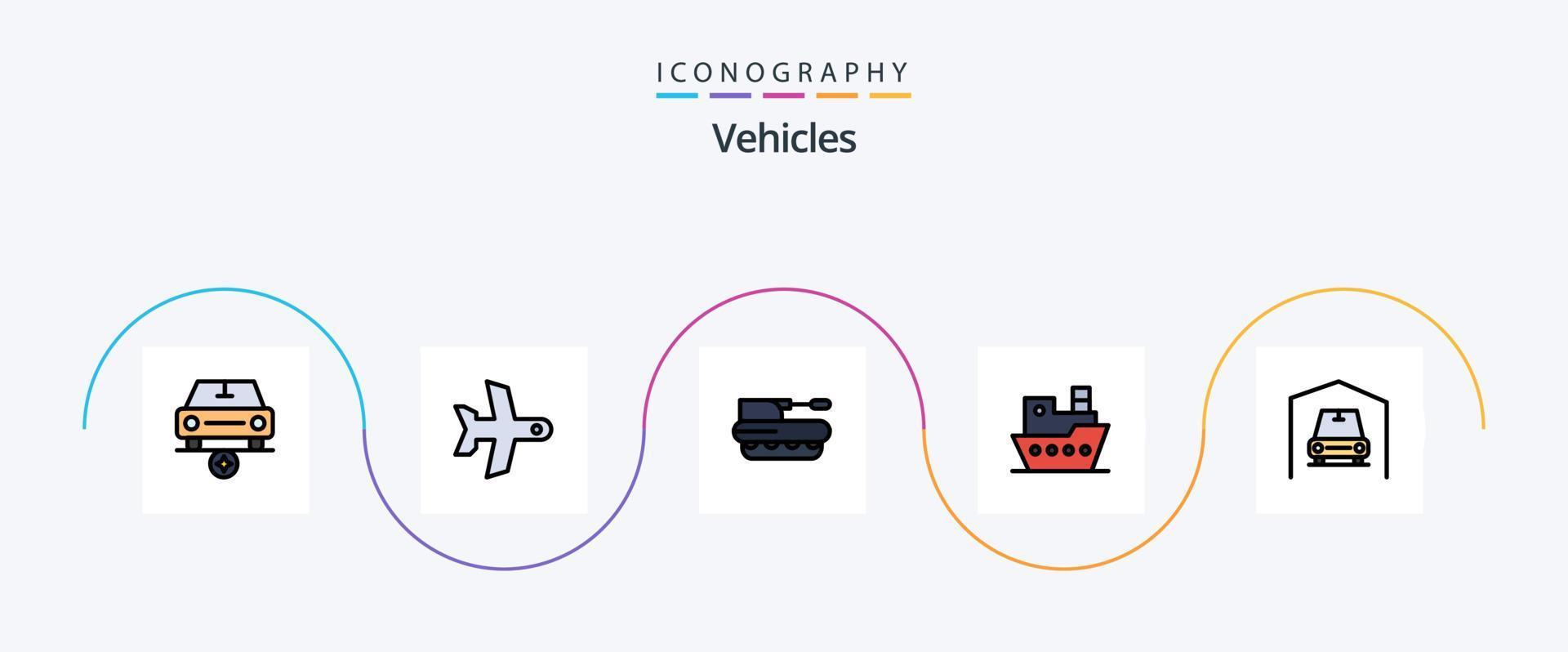 veicoli linea pieno piatto 5 icona imballare Compreso box auto. piroscafo. cannone. battello a vapore. serbatoio vettore