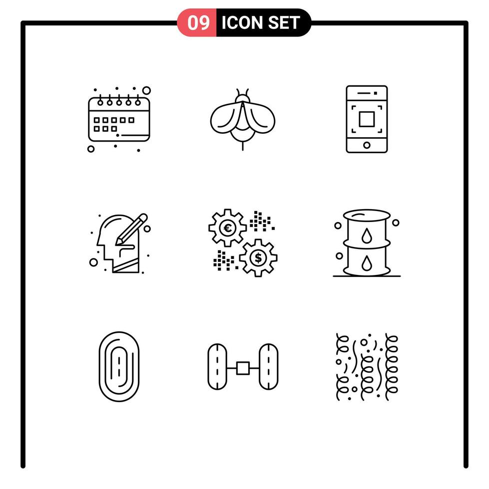 moderno impostato di 9 lineamenti pittogramma di Scrivi mente insetto umano tecnologia modificabile vettore design elementi