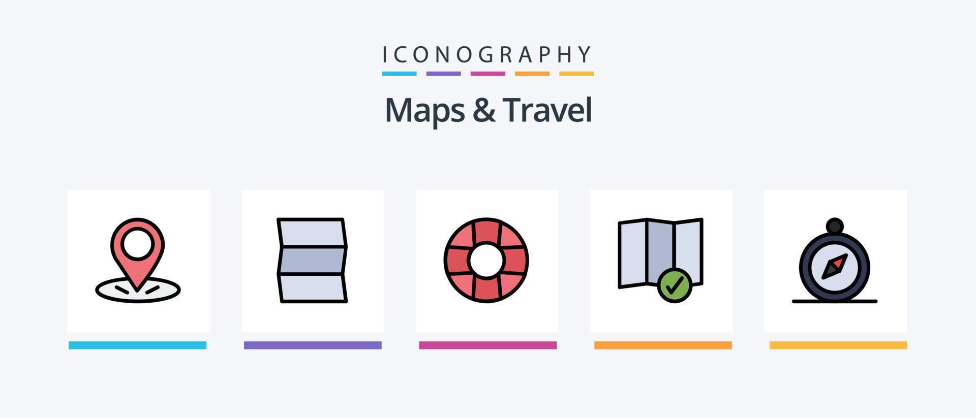 mappe e viaggio linea pieno 5 icona imballare Compreso . viaggio. spillo. Posizione. creativo icone design vettore