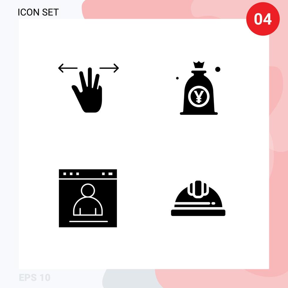 pittogramma impostato di 4 semplice solido glifi di gesti del browser tre dita giapponese accesso modificabile vettore design elementi