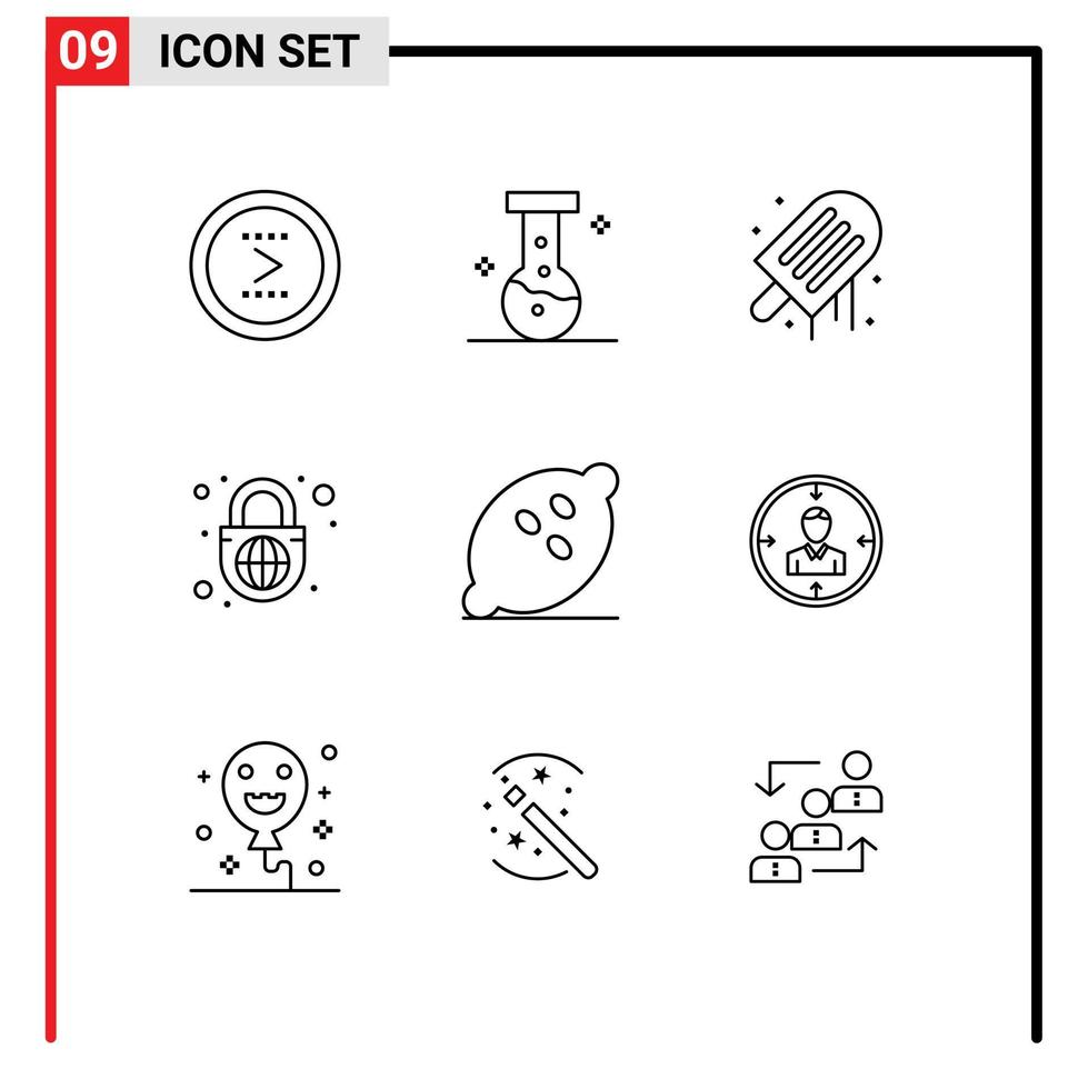 gruppo di 9 moderno lineamenti impostato per cibo globo con serratura spiaggia globo serratura sicurezza modificabile vettore design elementi