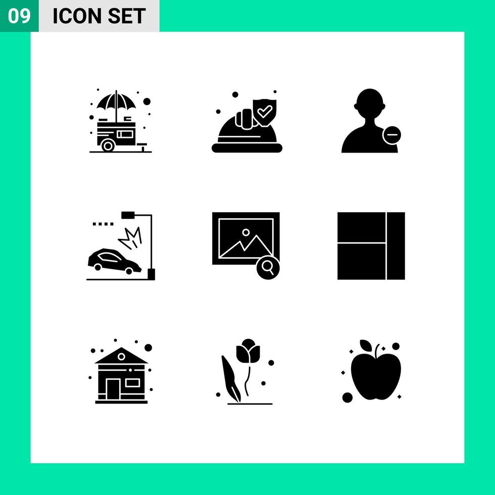 9 solido glifo concetto per siti web mobile e applicazioni foto lampione scudo schianto incidente modificabile vettore design elementi