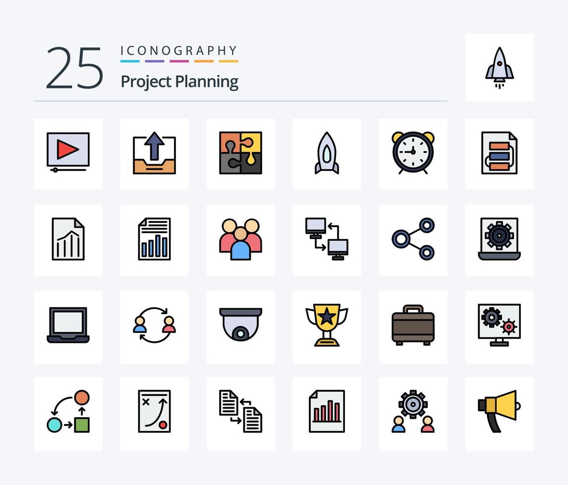 progetto piallatura 25 linea pieno icona imballare Compreso viaggio. accelerare. parte. navicella spaziale. lavoro di squadra vettore