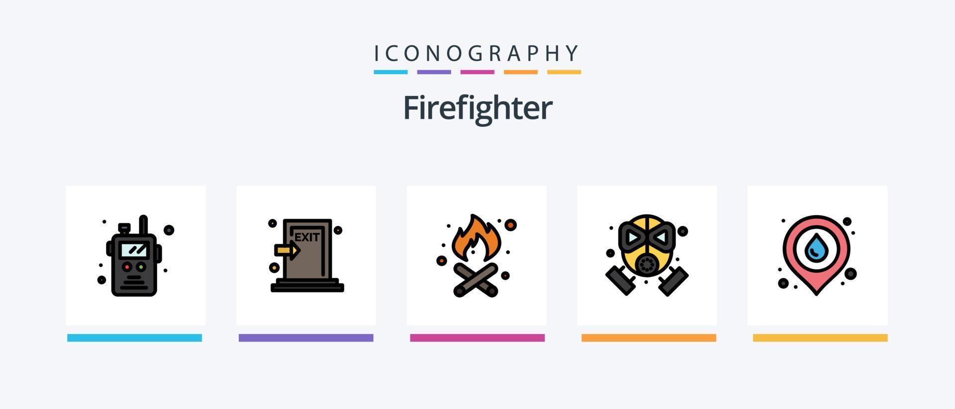 pompiere linea pieno 5 icona imballare Compreso fuoco. fuoco. polizia Radio. scudo. accesso. creativo icone design vettore