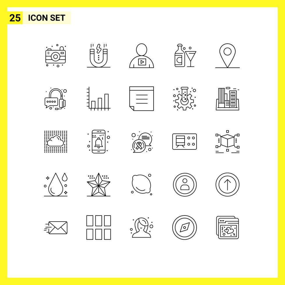 mobile interfaccia linea impostato di 25 pittogrammi di Posizione bottiglia avatar bicchiere video modificabile vettore design elementi
