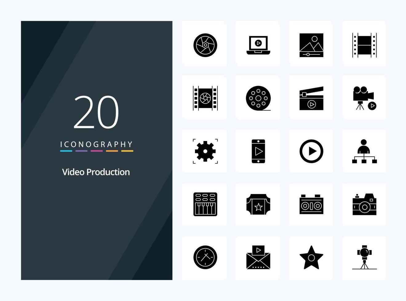 20 video produzione solido glifo icona per presentazione vettore
