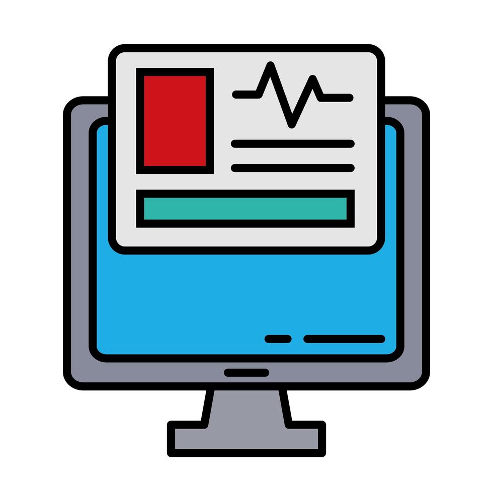 desktop con linea di test cardiologico e icona di stile di riempimento vettore