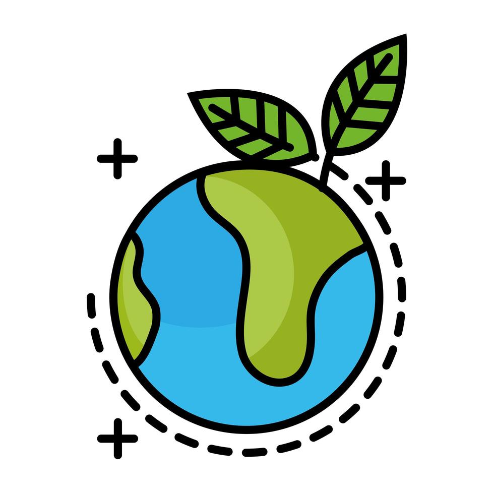 pianeta mondo con linea di foglie e icona di stile di riempimento vettore