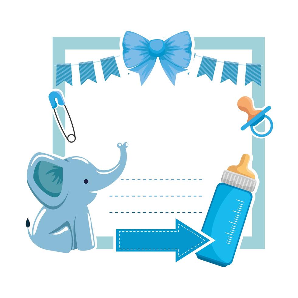 baby shower card con elefante e bottiglia di latte vettore