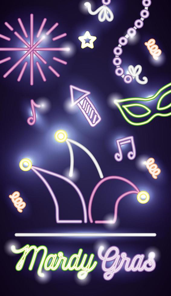 poster di celebrazione mardi grass con luci al neon e cappello vettore