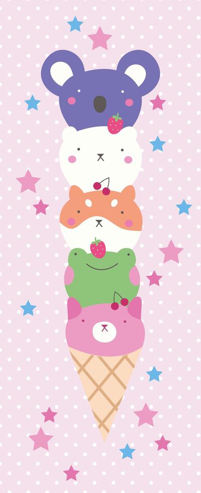 simpatica cartolina kawaii con animali domestici gelato vettore