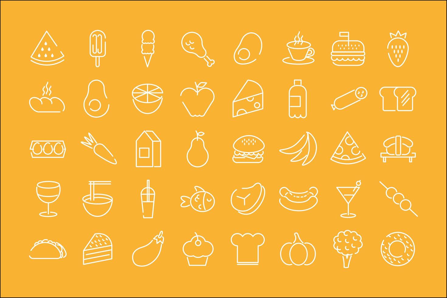 fascio di quaranta icone di cibo in uno sfondo giallo vettore