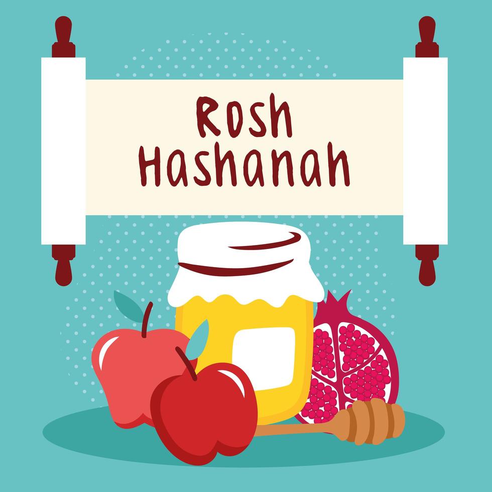 scritta felice rosh hashanah in pergamena con miele e frutta vettore