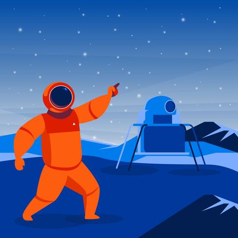 Astronauta e astronave atterrato su un pianeta illustrazione vettore