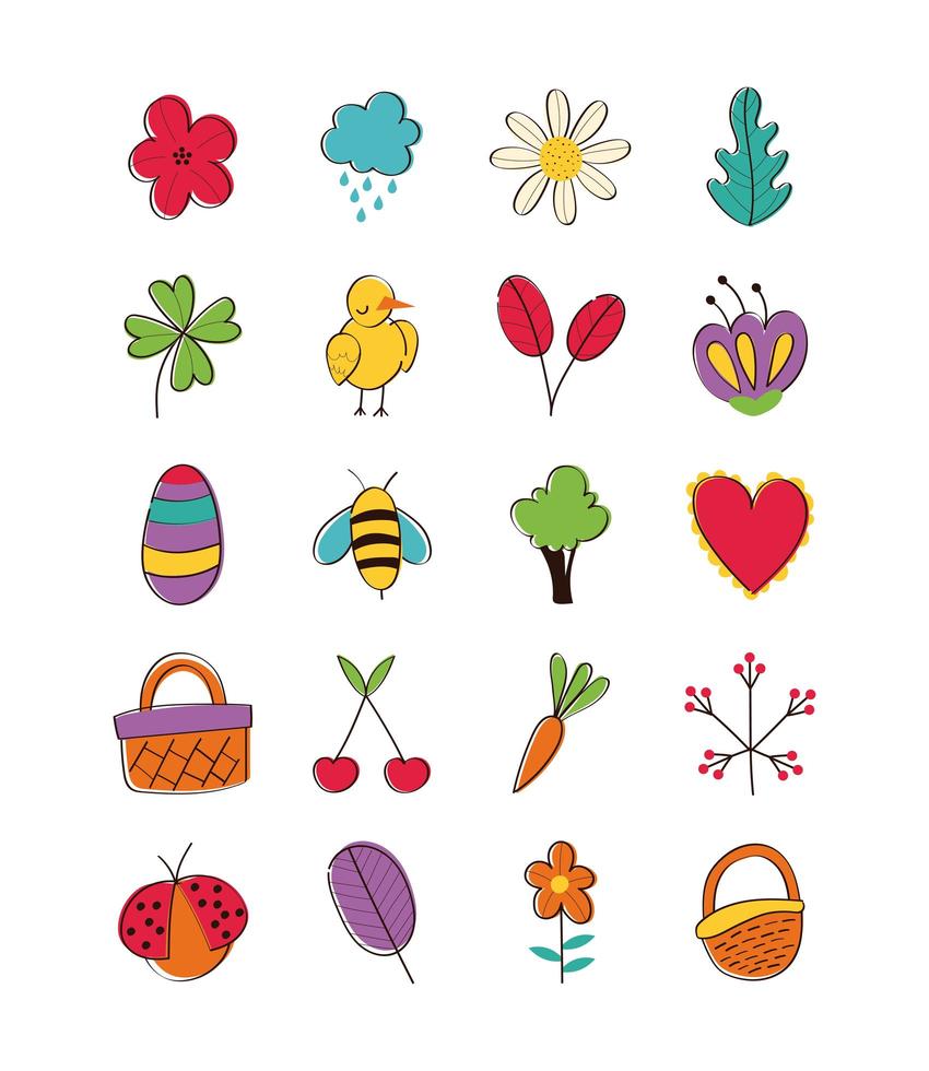 set di icone di primavera disegnati a mano vettore