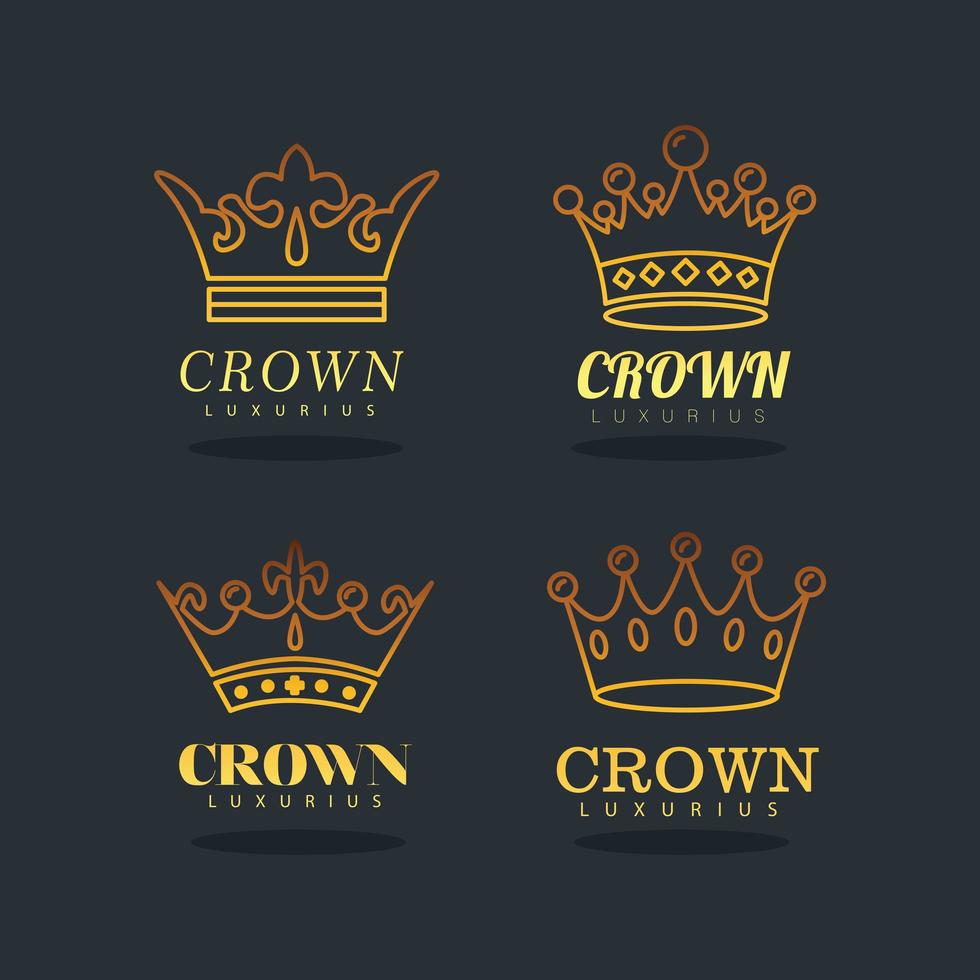 pacchetto di quattro icone di stile linea reale corone d'oro vettore