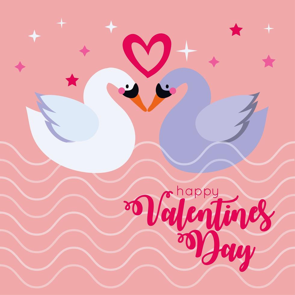 carta di San Valentino felice con coppia di cigni carini vettore