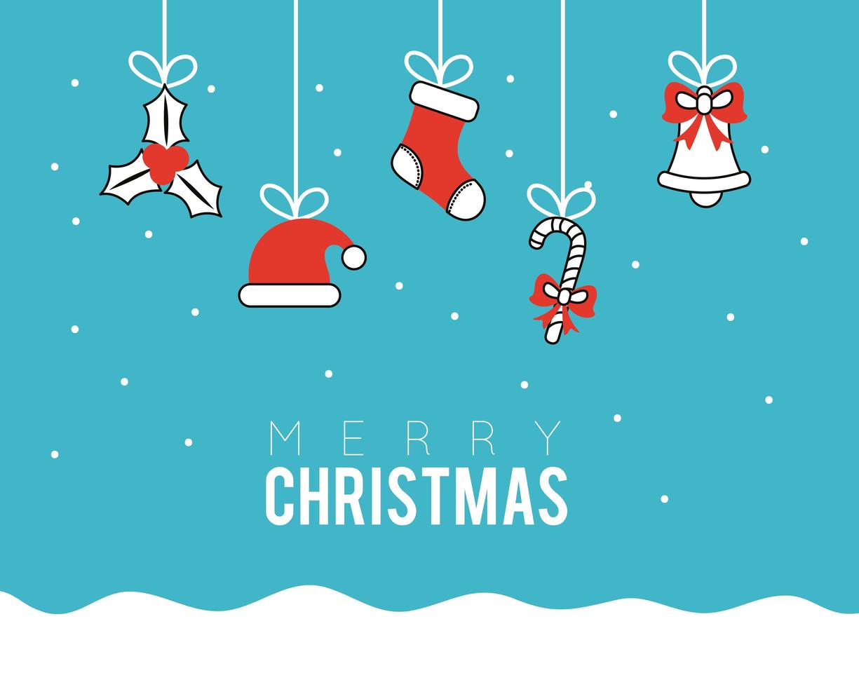 buon natale banner con ornamenti appesi vettore