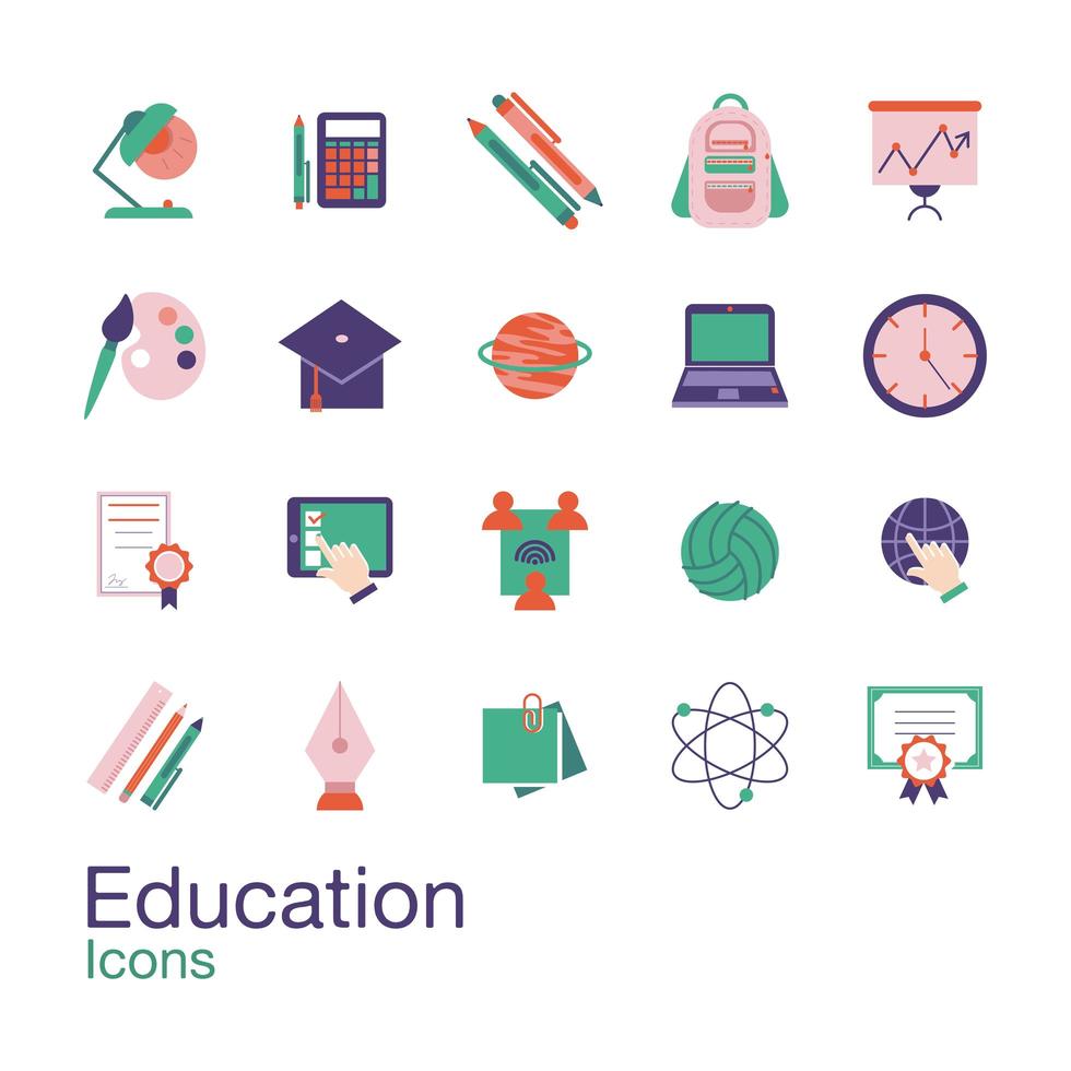set di icone in stile piatto scuola e istruzione vettore