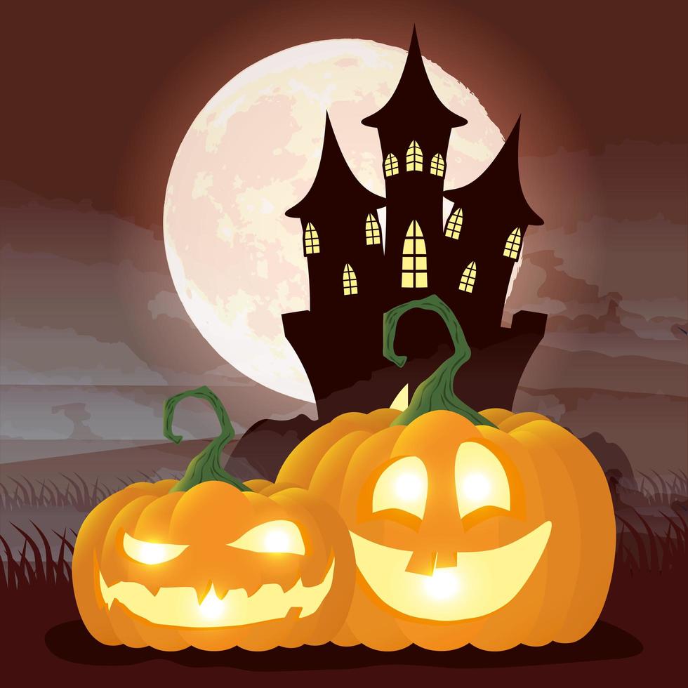 scena di notte oscura di Halloween con zucche e castello vettore