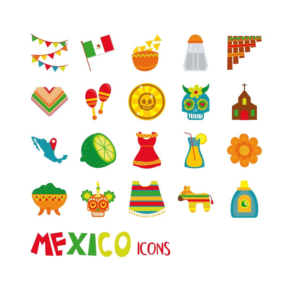 set di icone piatto cultura messicana vettore