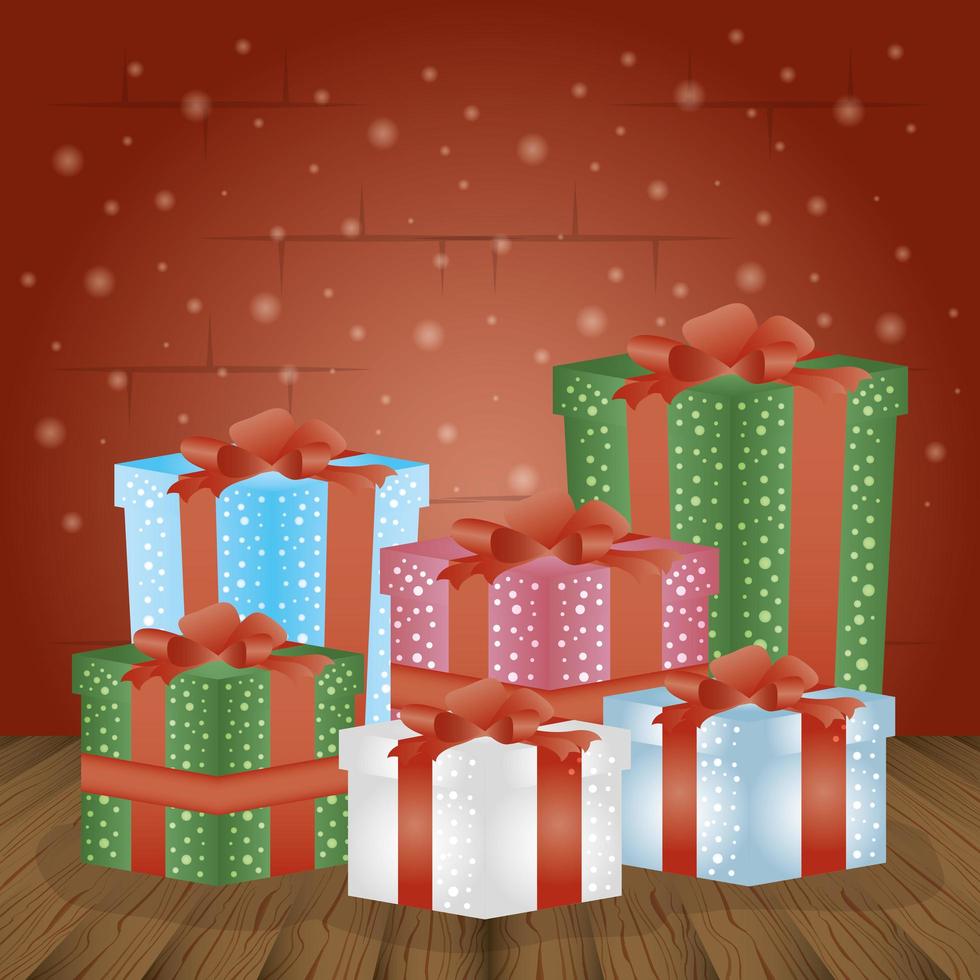 Merry Christmas Card con regali di scatole regalo vettore