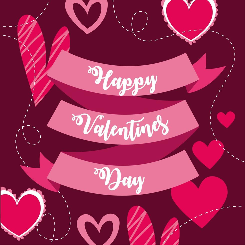 carta di San Valentino felice con nastro e cuori vettore